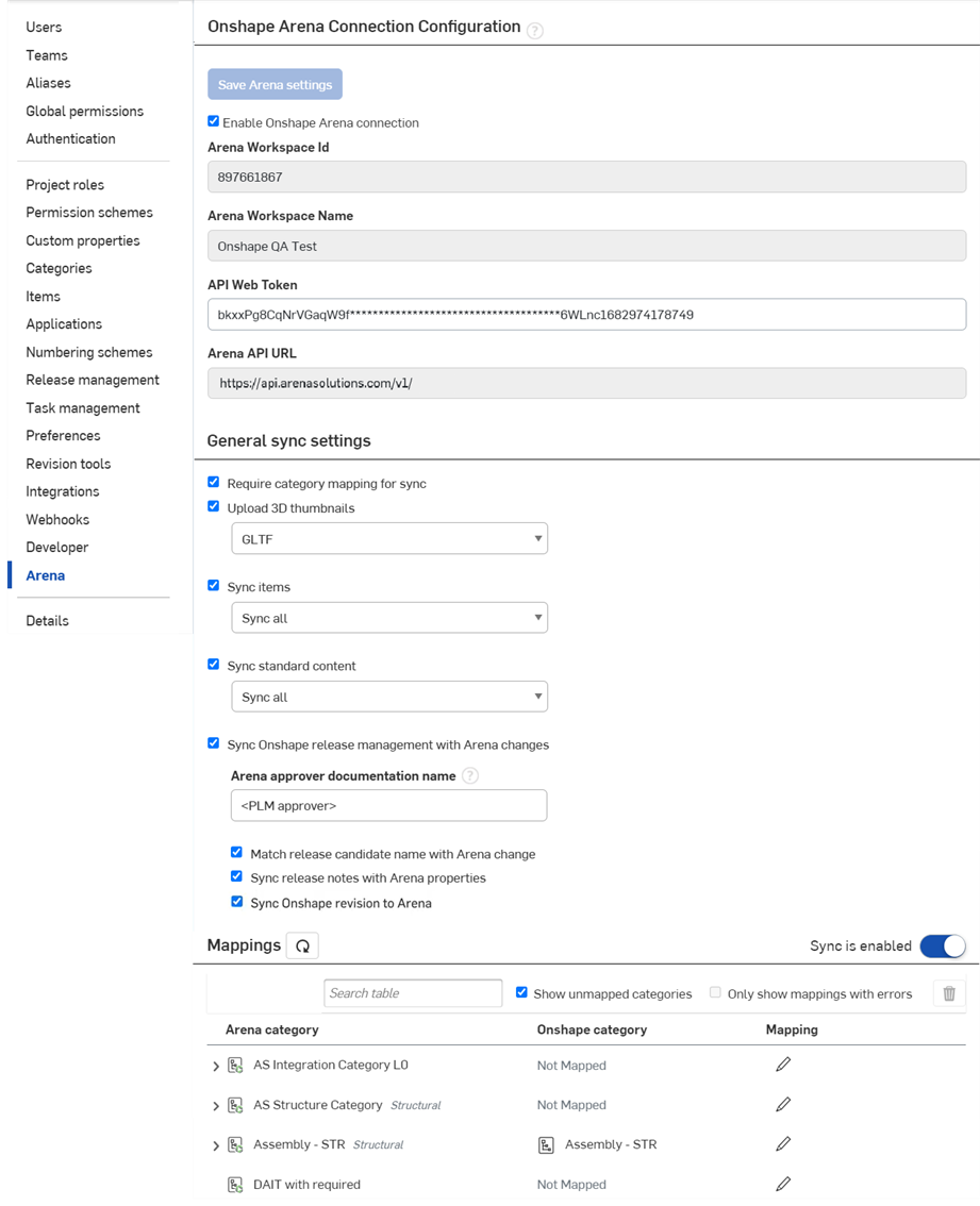 Enterprise settings: Arena dialog