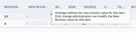 Warning message indicating only change administrators can modify the Revision