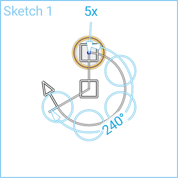 Example of Circular Sketch Pattern tool in use, with 5 instances at 240 degrees