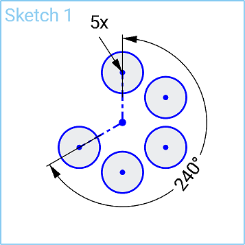 Example of Circular Sketch Pattern tool in use with 5 instances at 240 degrees