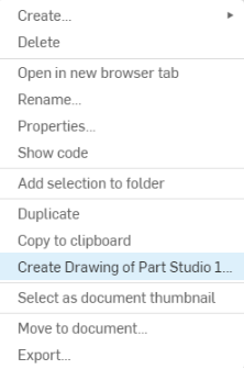 Example screenshot of Create Drawing highlighted from the part context menu