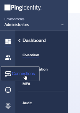 PingIdentity page, clicking Connections from the left side navigation bar