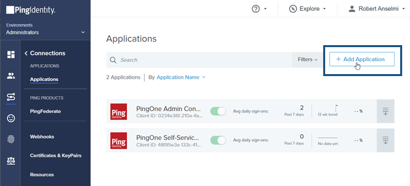 PingIdentity Applications page with Add Application button outlined