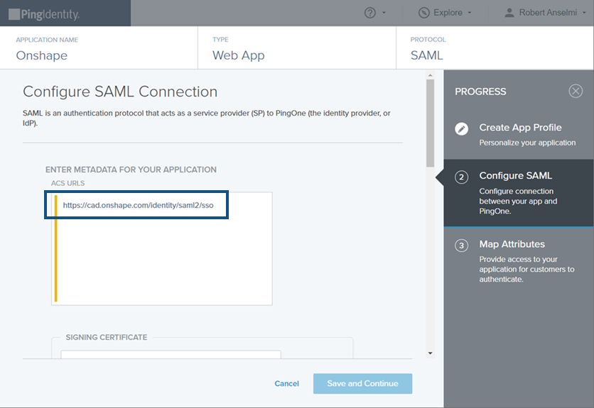 Configure SAML Connection page with the Metadata file outlined