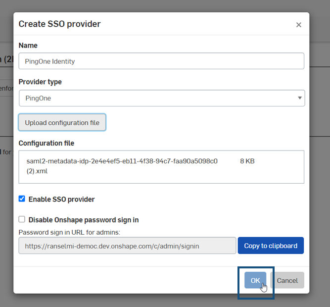 Finalizing the creation of the SSO Provider by clicking OK