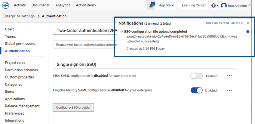 Notification showing the SSO Configuration file was successfully uploaded