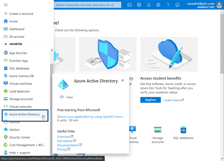 Selecting the Azure Active directory from the navigation menu on the left