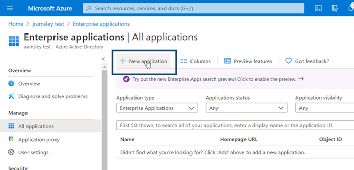 Example selecting New application from the Enterprise applications page