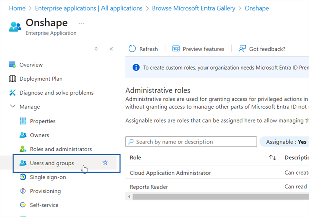 Selecting Users and groups from the navigation on the left of the SAML-based Sign-on page