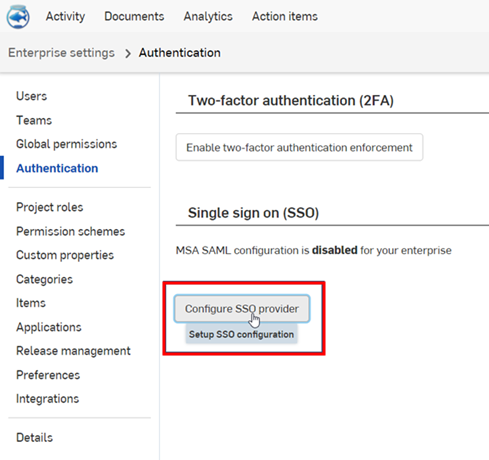 Clicking the Configure SSO provider button on the Authentication page