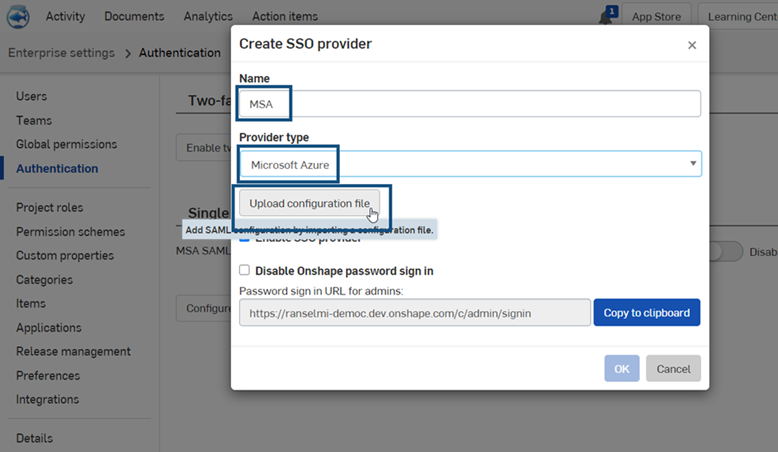 Configuring SSO in Onshape step 4