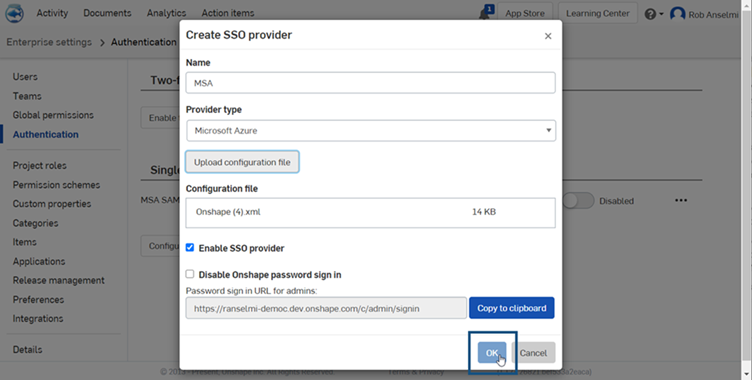 Configuring SSO in Onshape step 6