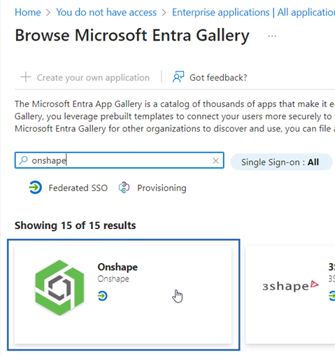 Example searching for Onshape in the Browse Entra Gallery page