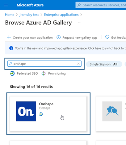 Example searching for Onshape in the Browse Azure AD Gallery page