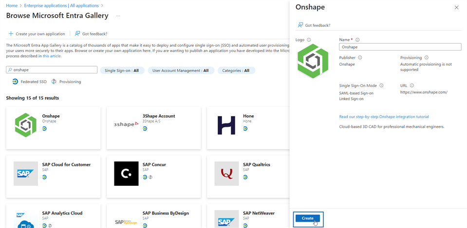 Selecting and opening the Onshape application 