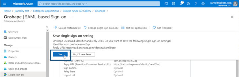 Clicking Yes to Save the signle sign-on setting