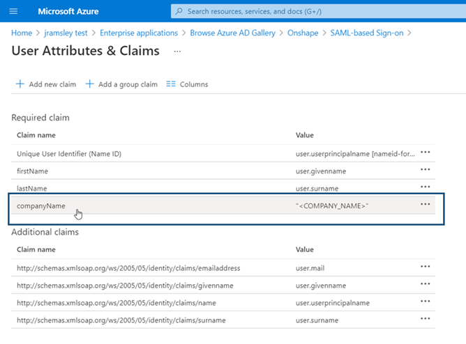 Selecting the CompanyName claim on the User Attributes & Claims page