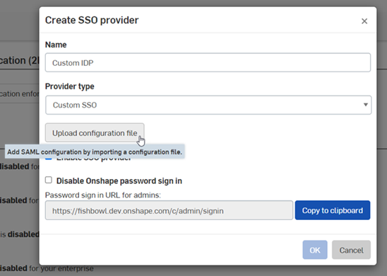 Create SSO Provider, uploading configuration file