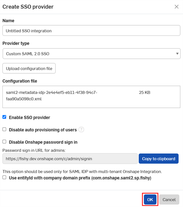 Finalizing the creation of the SSO Provider by clicking OK
