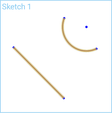 Example of Tangent tool in use, selecting a line and an arc