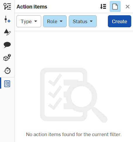 Screenshot of the Action items panel in an Onshape document