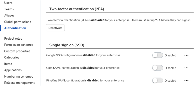 Enterprise settings: Authentication