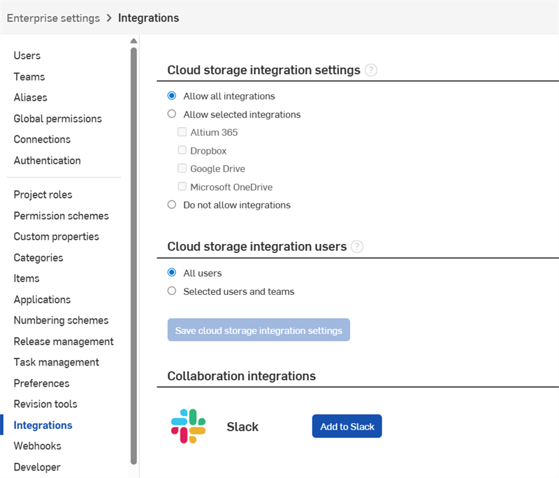 Enterprise settings: Integrations