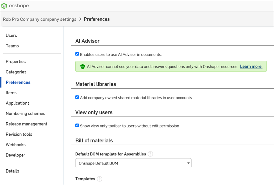 Company settings: Preferences
