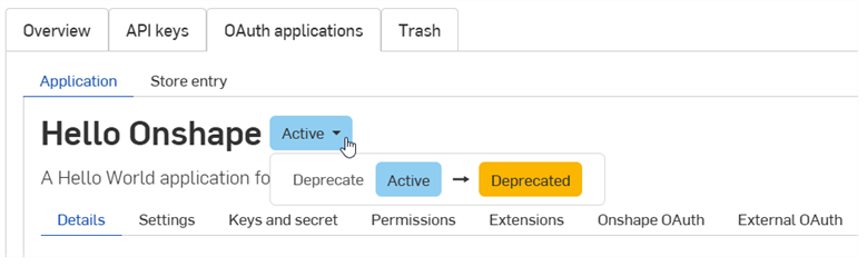 OAuth applications Status button dropdown showing Active to Deprecated option