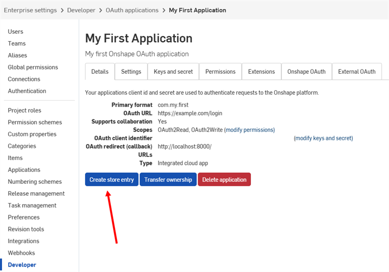 OAuth applications page with Create store entry button visible