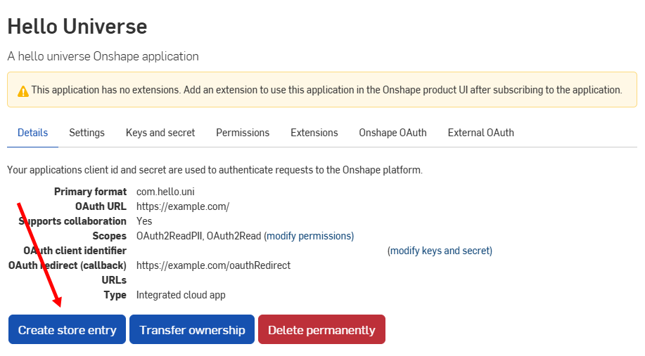 OAuth applications page with Create store entry button highlighted