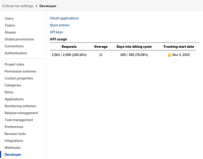 Developer page in the Enterprise Settings