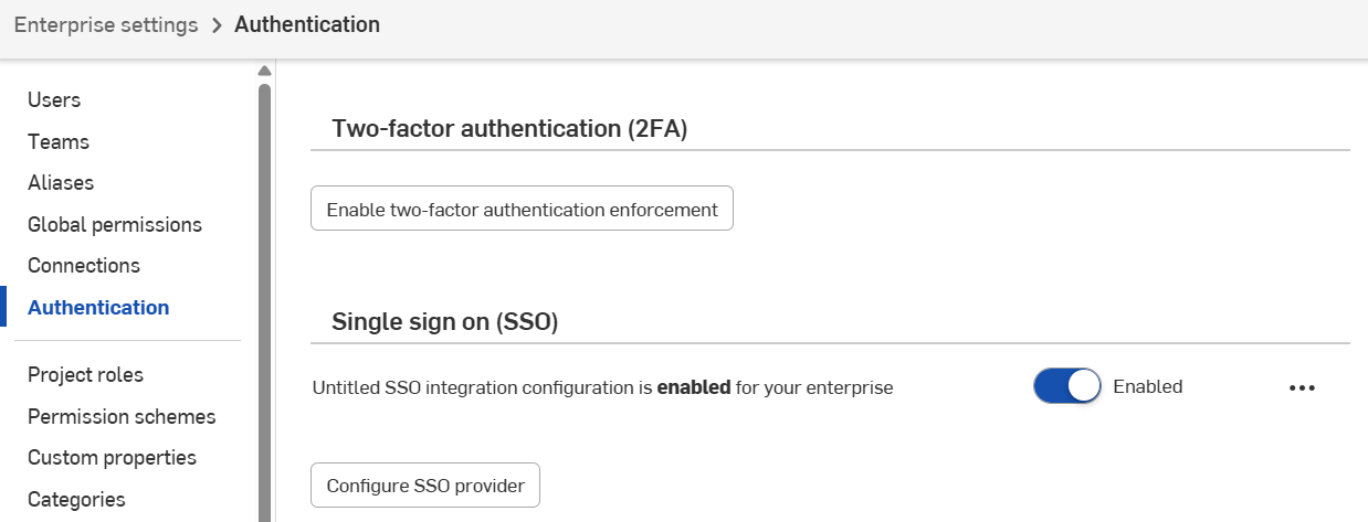 Enterprise Settings: Authentication page