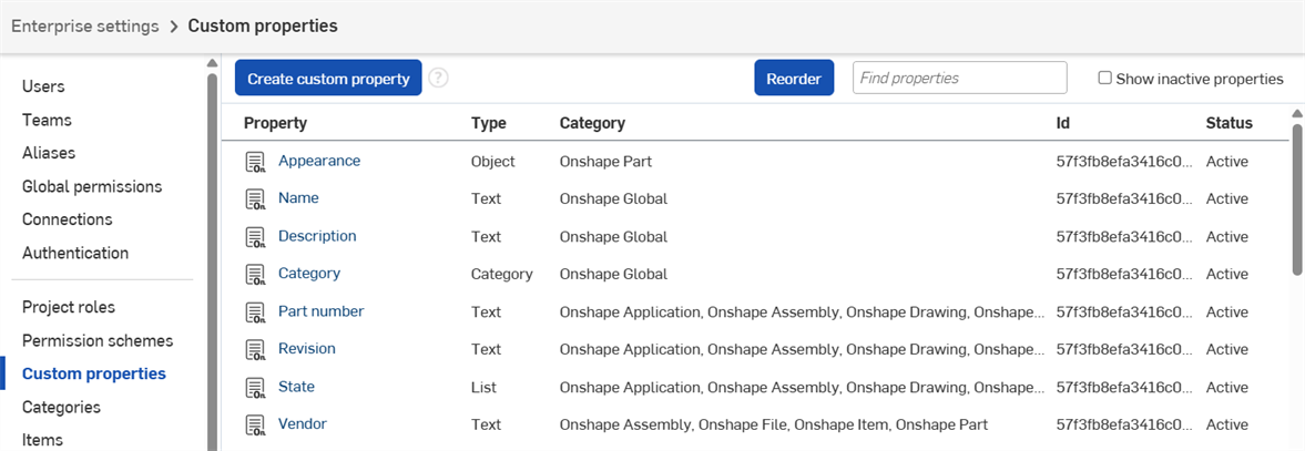 Enterprise settings: Custom properties