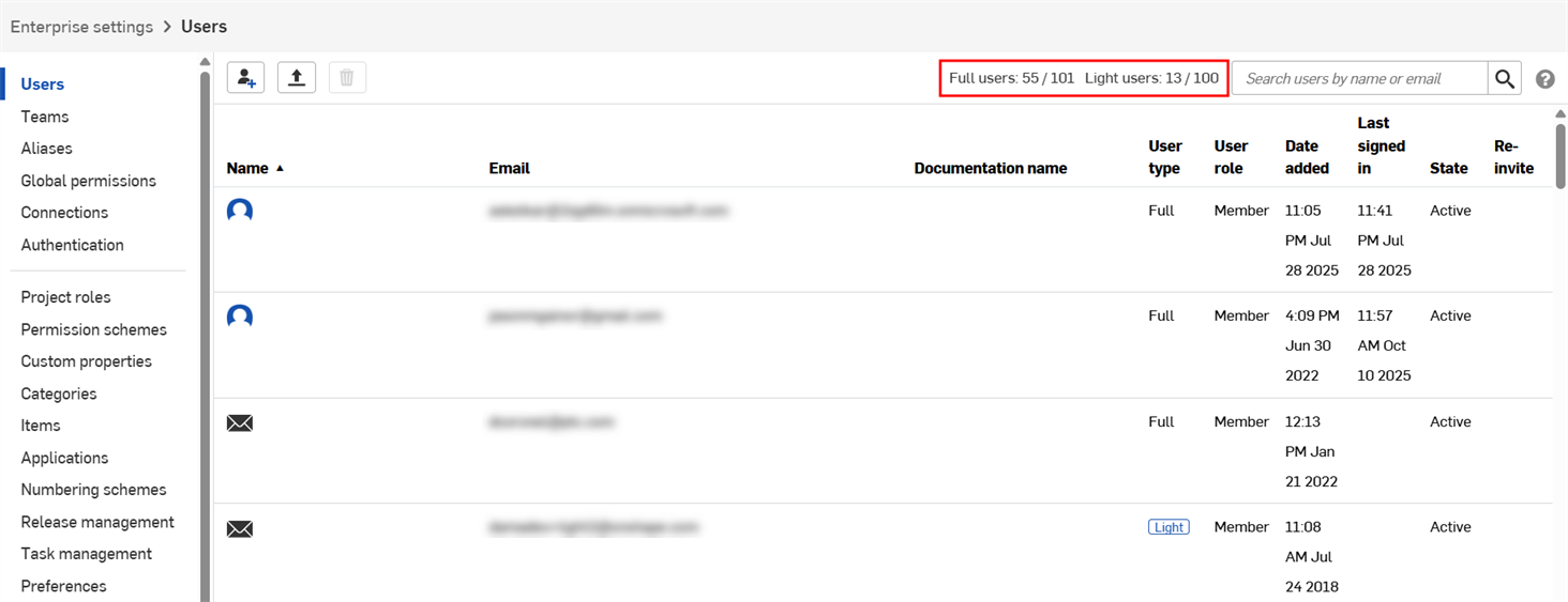 Enterprise settings: Users