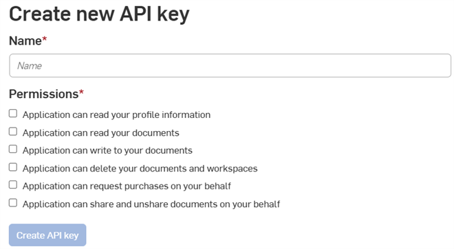 Create new API key screen