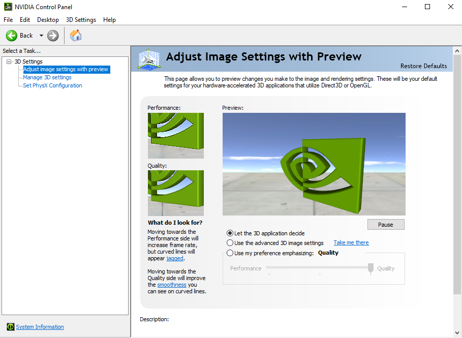 NVIDIA control panel, Adjust image settings with preview, Let the 3D application decide