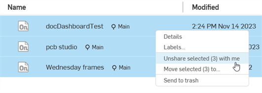 Right-clicking on a list of shared documents and selecting Unshare selected from the context menu