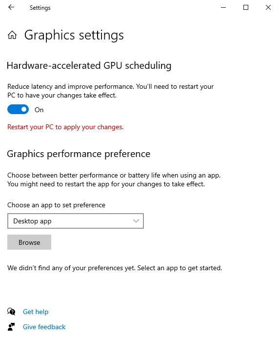 Windows system graphics setting, hardware-accelerated GPU scheduling turned on