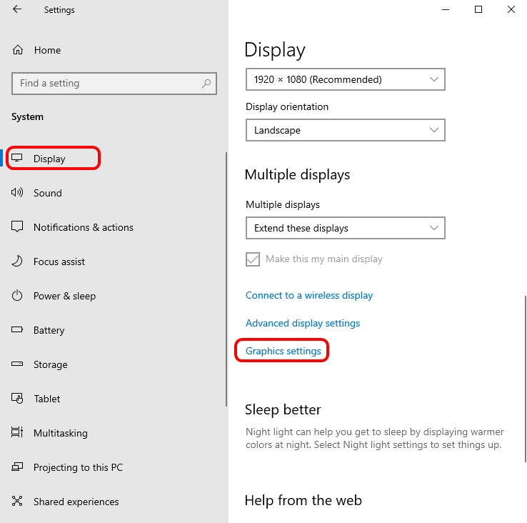 Windows settings, Display, Graphics settings