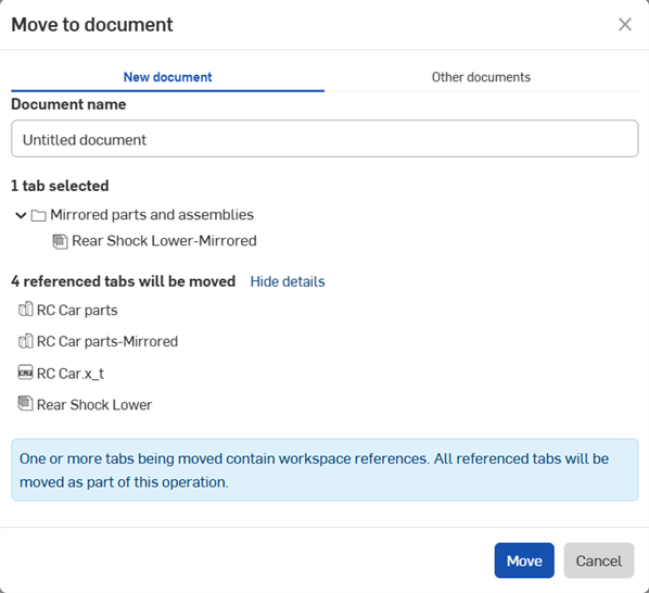 Move to document dialog showing all references