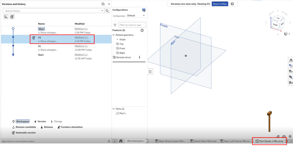 Assembly mirror with versioned parts example