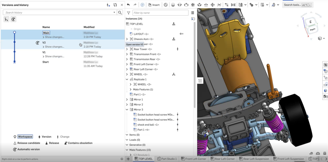 Assembly mirror with versioned parts example
