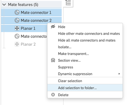 Mate Features list, Add selection to folder