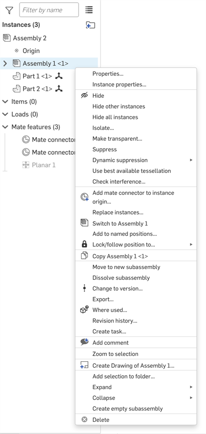 Subassembly instance context menu