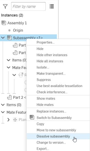 Dissolve Assembly Context menu command