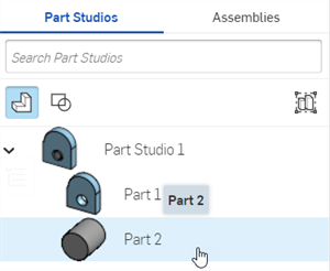 Selecting a part from the insert parts and assemblies list