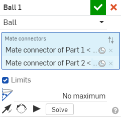 Checking the Limits box in the Mate dialog