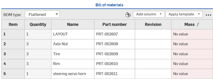 Bill of Materials table