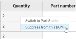 Suppress from this BOM context menu option